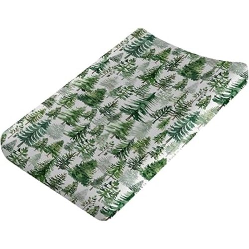 Watercolor Green Woodland Baby Changing Pad Cover Pine Trees Diaper Changing Table Sheets for Boy Girl Winter Forest Soft Breathable Stretch Fitted Nursery Change Table Mats 32''x16''