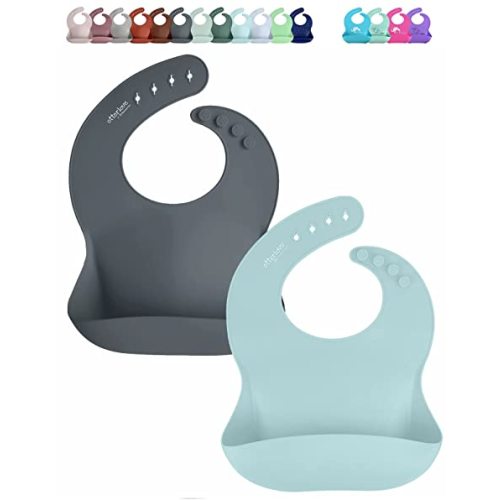 otterlove Silicone Baby Bibs with No Fillers, Wide Food Catching Pocket, Mint and Smoke, Pack of 2