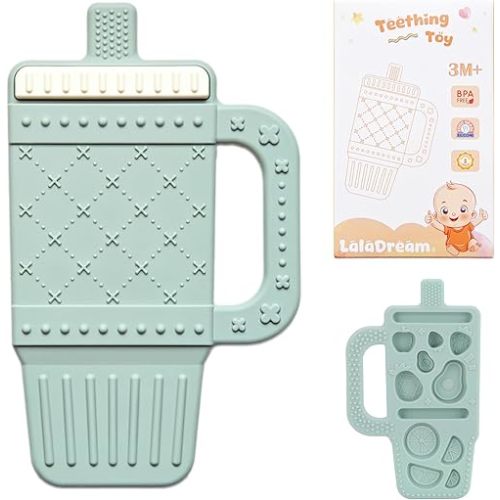 Baby Teething Toy Silicone Baby Teether for 3 6 12 18 Months Infant Tumbler Cup Shape Babies Teething Relief with Handle Toddler Chew Toys Food Grade BPA Free Teether Toys for Boys Girls Moody Blue