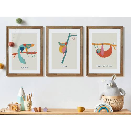 Set of 3 jungle nursery prints, Colourful kids art, Mid Century kids art, Tarsier, Aye-Aye, Sloth, Tropical Safari Nursery, Rainforest room
