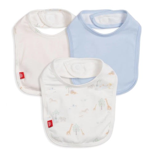 white serene safari modal magnetic stay dry infant bib 3-pack