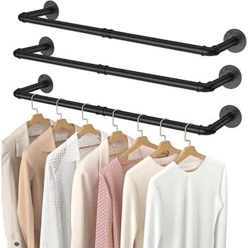 Elibbren 3 Pack Clothing Rack Wall Mount, Industrial Pipe Clothing Rack 38.4IN, Hanging Clothes Rack,Heavy Duty Iron Garment Rack Bar for Closet,Laundry Room, Multi Purpose Hanging Rod,Black