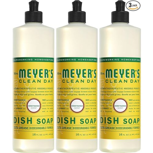 MRS. MEYER'S CLEAN DAY Liquid Dish Soap, Biodegradable Formula, Honeysuckle, 16 fl. oz - Pack of 3