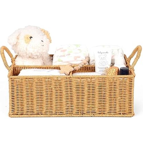 Diaper Caddy Organizer, Hand Rattan Nursery Baby Basket Changing Table Organizer for Baby Essentials, Baby Shower Gifts, Versatile Shelf Basket Bathroom/Kitchen Organizer (Natural, L)
