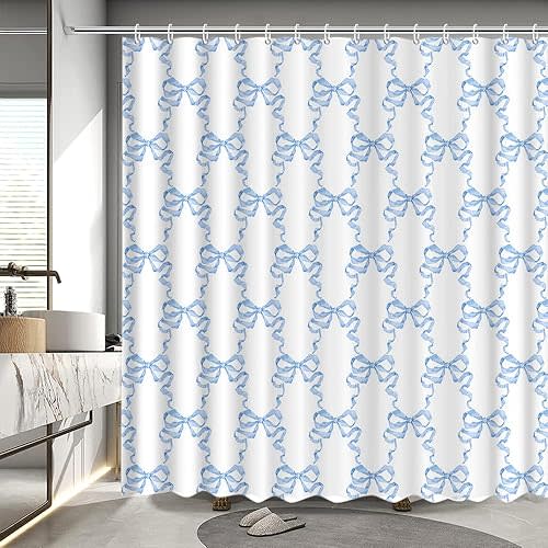 MEHOFOND Blue Bow Shower Curtain Coquette Bow Bathroom Decor for Women Girl Cute Romantic Bow Shower Curtain Modern Watercolor Art Bathtub Decor Fabric Waterproof Bath Curtain with 12 Hooks 72x72 Inch