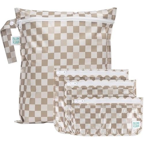 Bumkins Waterproof Wet Bag and Packing Pouches, TSA Airline Compliant, Pack for Baby, Travel, Swim Suit, Cloth Diapers, Pump Parts, Pool, Gym Clothes, Toiletry, Daycare, Zip Bag, 4-pc Set Beige Check
