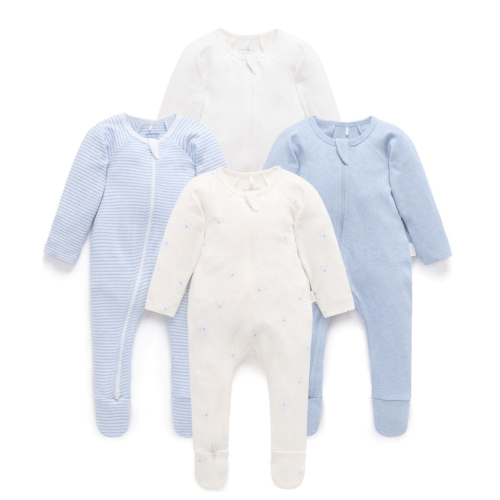 4 Pack Zip Coverall Pale Blue Bear Pack - Purebaby Sleepwear | Maisonette