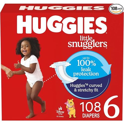 Huggies Size 6 Diapers, Little Snugglers Baby Diapers, Size 6 (35+ lbs), 108 Count (2 Packs of 54), Packaging May Vary