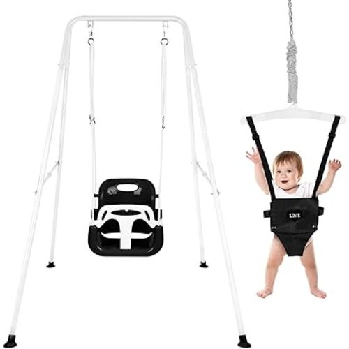 4-in-1 Toddler Swing Set & Baby Jumper and Bouncers, Heavy Duty Baby Swing Set with Foldable Metal Stand for Indoor & Outdoor, Suitable for Children 6 Months and Older, Easy to Assemble & Store