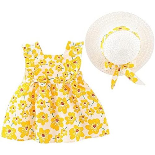Baby Girl Tutu Summer Dress Sleeveless Casual Floral Backless Princess Dresses Swing Sundress Skirt with Straw Hat Beachwear