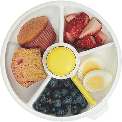 GoBe Kids Large Snack Spinner Slide Bundle with Hand Strap and Sticker Sheet - Reusable Snack Container with 4 Compartment Dispenser and Lid | BPA/PVC Free | Dishwasher Safe | No Spill - Lemon Yellow