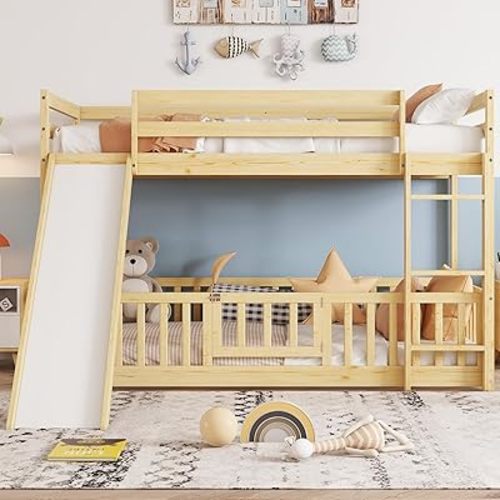 Low Bunk Beds Twin Over Twin with Slide, Fence and Ladder, Wood Toddler Bunk Beds for Girls Boys, Natural