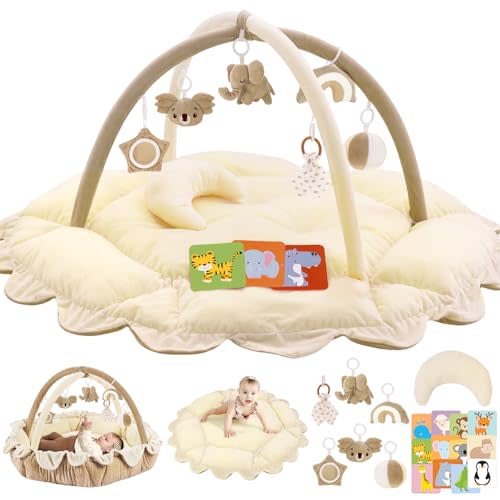 5-in-1 Plush Baby Play Gym, Baby Play Mats, Convertible Baby Gym with Pillow, Tummy time mat, 6 Sensory Toys, Baby Activity Center from Newborn to Toddler, Pet Bed, Cat & Dog Bed, Ball Pit, Cream