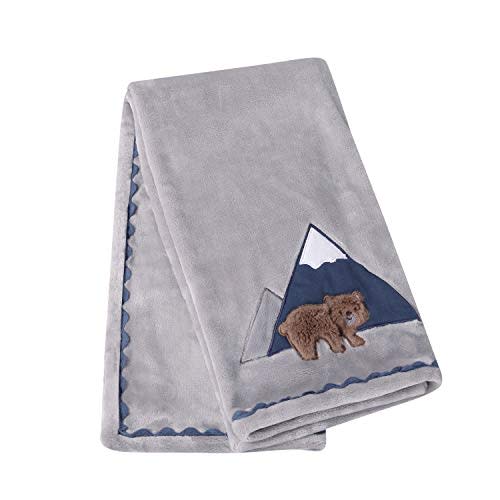 Levtex Baby - Emerson Plush Blanket - Appliqued and Embroidered Bear and Mountains on Grey Plush with RIC Rac Trim - Navy, Blue, Grey and Tan - Nursery Accessories - Blanket Size: 30 x 40 in.