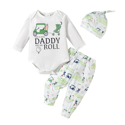 baorji Newborn Baby Boy Girl Golf Outfit Long Sleeve Letter Golf Cart Romper Golf Pants Baby Golf Hat Set 3Pcs Fall Clothes