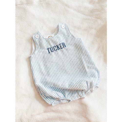 Baby boys seersucker bubble romper with embroidered name or monogram white and blue additional colors available