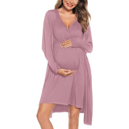 SWOMOG Women Maternity Nursing Gown and Robe Set 3 in 1 Labor Delivery Nursing Nightgown for Breastfeeding Hospital Bathrobe