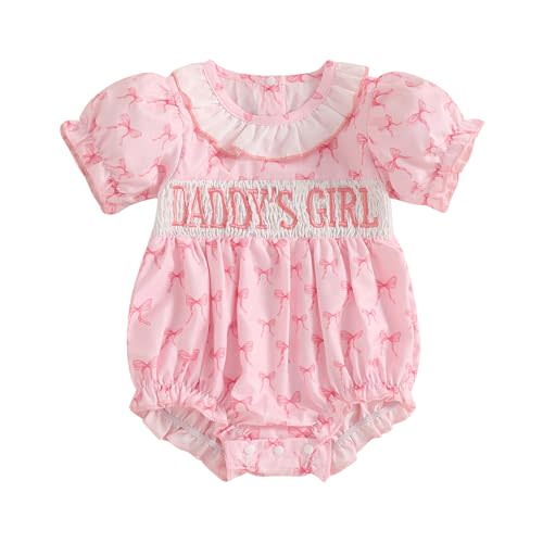 Newborn Baby Girl Romper Bow Embroidery Short Sleeve Pleated Smock Bubble Romper Jumpsuit Bodysuit Summer Clothes