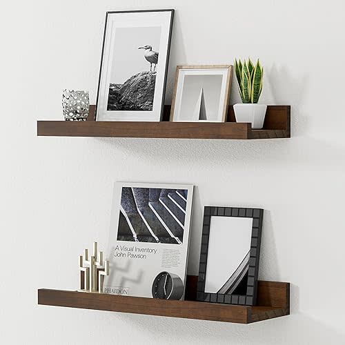 Floating Shelves for Wall, 16 inch Solid Wood Picture Ledge Shelf, Picture Shelf for Wall with Ledge, Floating Book Shelves for Living Room Bedroom Kitchen Nursery Decor, Walnut, Set of 2