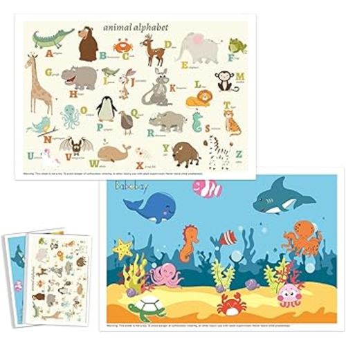 Babebay Disposable Placemats for Baby, 60 Pack Sticky Toddler Placemat for Restaurants, Dining Table, Party, Travel, 12" x 18" with 2 Designs