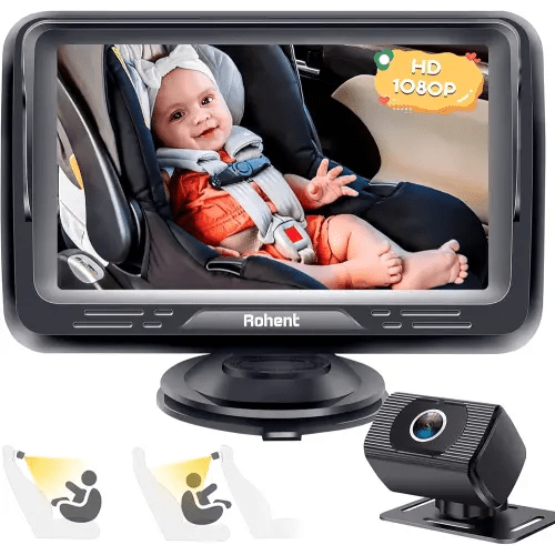 Rohent Baby Car Camera HD 1080P - Rear-Facing Infant Monitor with Night Vision, 150° Wide-Angle Lens, Anti-Glare Screen, Easy Install, 360° Adjustable Display