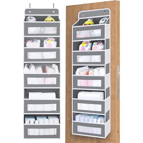 Over The Door Organizer Storage, 5 Shelf Hanging Door Organizer with 10 Large Capacity Pockets, Anti Tilt 44 lb Load Behind Door Storage for Bedroom, Bathroom, Pantry, Nursery, (Grey)