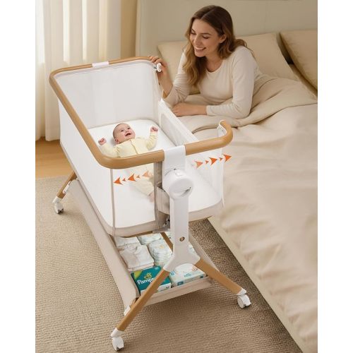 3 in 1 Baby Bassinet, Rocking Bassinet, Bedside Sleeper for Baby, Breathable Full-Mesh, 6 Height Adjustable, Comfy Mattress, Lockable Wheels, Storage Basket, Stable and Cozy Crib for Newborn Infant