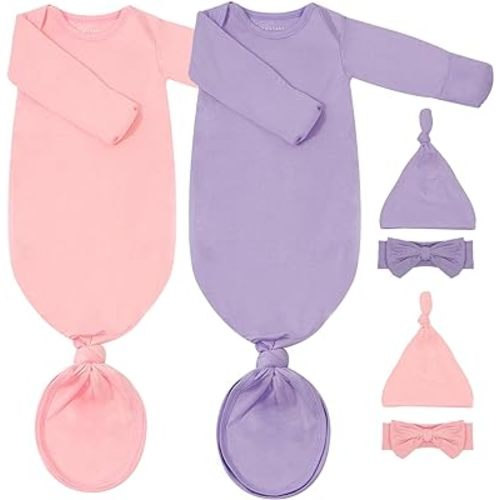 2Pack Newborn Baby Knotted Gown, Super Soft Modal Infant Long Sleeve Sleeper with Hat and Headband Set, Unisex Infant Sleep Onesie (Light Purple&Pink)