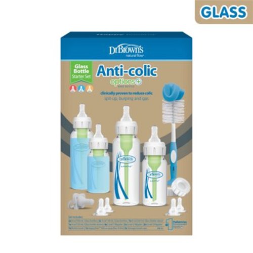 Dr. Brown's Anti-Colic Options+ Narrow Glass Bottle Starter Set with Silicone Bottle Sleeves, Level 1, 2, and 3 Nipples, Soft Touch Bottle Brush, Storage/Travel Caps, and HappyPaci