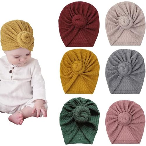 Baby Girl Velvet Big Hair Bow Knotted Head Wrap Oversized Bow Beanie India Cap Warm for Newborn Infant Toddlers 6PCS - One Size - Waffle Donut New
