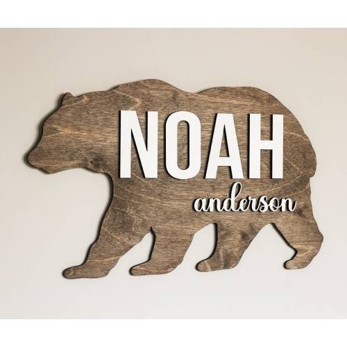 Bear Name Sign | Customized Bear Shaped Wooden Nursery Name Sign for Baby Room Decoration