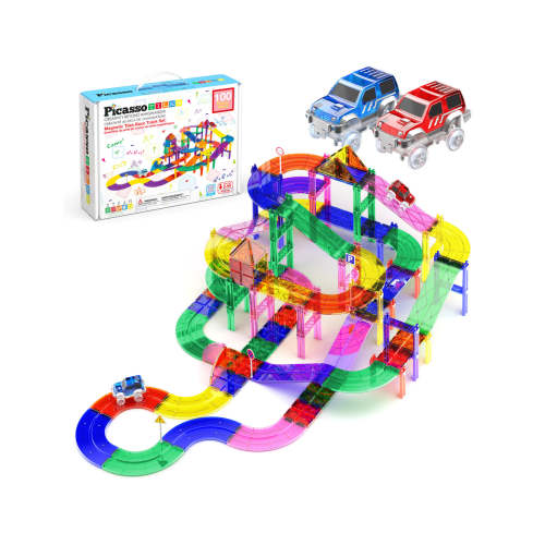 PicassoTiles 100pc Magnetic Race Track Tiles with LED Cars · PicassoTiles