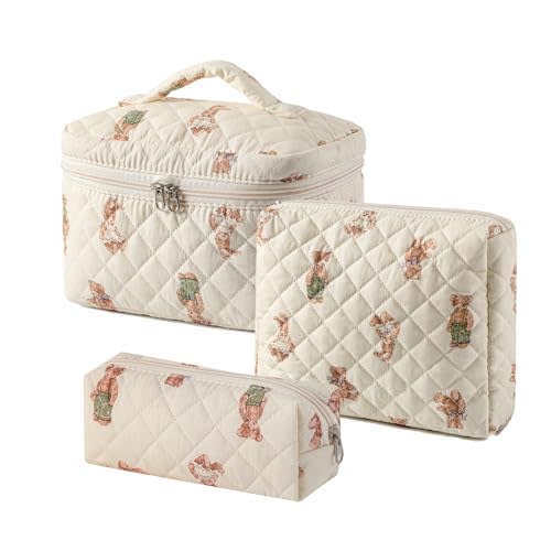 RSRSLEII 3 Pcs Quilted Cotton Makeup Pouch, Coquette Floral Quilted Toiletry Makeup Bag for Women and Girls, Aesthetic Travel Organized Cosmetic Bags(03Bear Pattern)