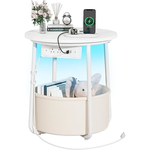 Yoobure Small Side Table, LED Night Stand with Charger Station, Round End Table Side Tables Living Room with Fabric Basket, Bedside Table End Tables Bedroom, Storage Accent Table for Small Spaces
