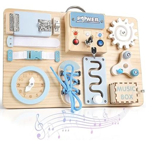 Joyreal Busy Board Montessori Toys with LED Lights, Autism Sensory Travel Toys, Fidget Board Ideal Gift for 1+ Year Old Boys Girls Wooden Toddler Toys