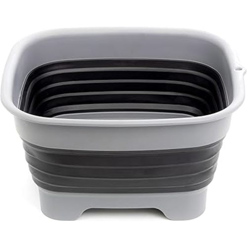 SAMMART 9.1L (2.4Gallon) Collapsible Dishpan with Draining Plug - Foldable Washing Basin - Portable Dish Washing Tub - Space Saving Kitchen Storage Tray (1, Grey/Black)