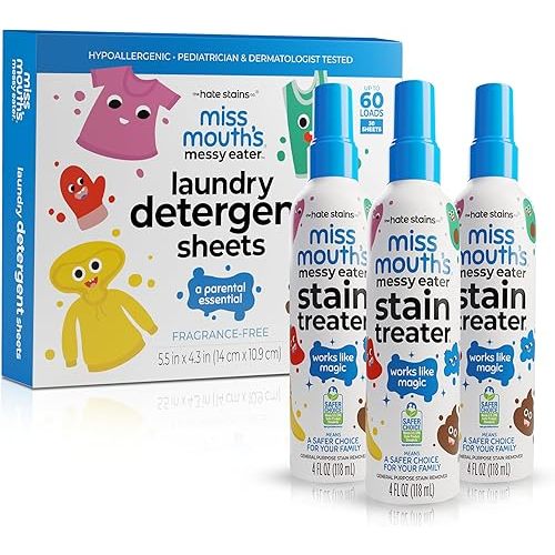 Miss Mouth’s Messy Eater Stain Treater Stain & Suds Duo Pack - 3 Pack Spray and 30 Pack Detergent Sheet bundle - Newborn & Baby Essentials - Food, Grease, Coffee Off Laundry, Underwear, Fabric