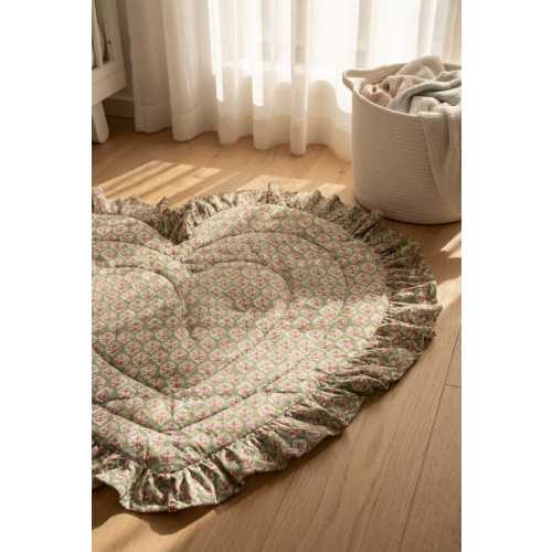Heart Shaped Baby Play Mat, Vintage Blue Floral Ruffle, Padded Cotton