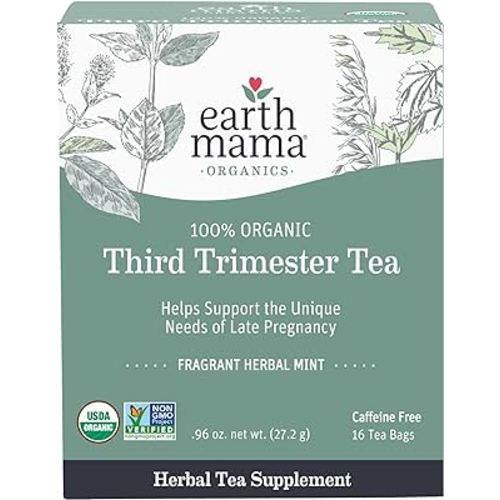 Earth Mama Organic Third Trimester Tea Bags | 100% USDA Organic Herbal Tea for Late Pregnancy Comfort + Childbirth Preparation, 16 Teabags Per Box