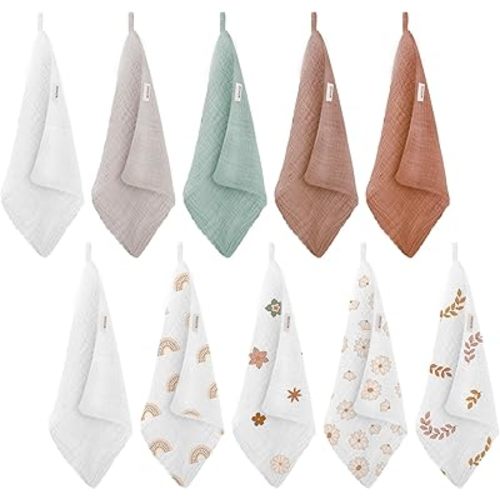 Wimist 10 Pack Baby Washcloths, Baby Muslin Washcloths, Wash Cloths for Baby, Baby Face Cloths, Suitable for Newborns, Children, 10 x 10 inches (D)