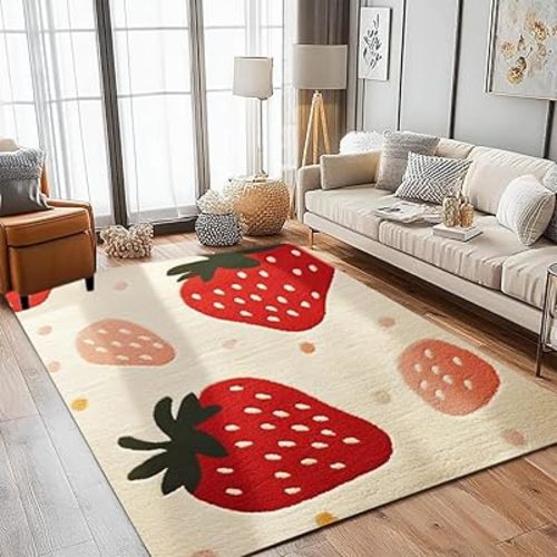 5x8 Area Rug with Strawberry Pattern for Girls Bedroom - Plush Soft Baby Plush Bedside Indoor Rugs, Rectangular Non-Slip Small Living Room Carpets, Stylish Decor for Girls