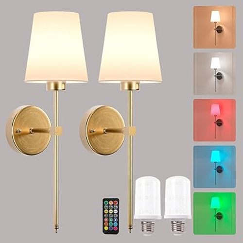 Battery Operated Wall Sconces Set of 2, Remote Control Wireless Wall Light with Rechargable Bulbs, Dimmable&9 Colors,USB Charging, White Shade Indoor Lamp for Bedroom Living Room Hallway(Gold)