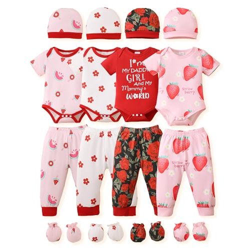 NZRVAWS Newborn Baby Boy Girl Clothes Unisex Infant Romper Pants Set Hat 4-Pack Outfits 0-12 Months 16 Pieces Toddler