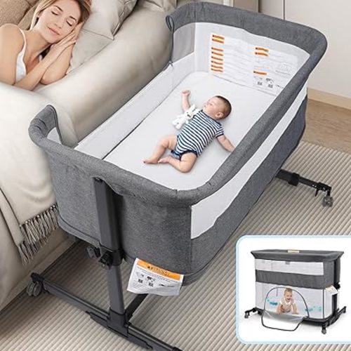 Xilingol 5-in-1 Bassinet Bedside Sleeper with 5 Adjustable Heights, Aluminum Baby Bassinet | Rocking Cradle | Playpen with Breathable Mesh & Mattress, Portable Crib with Carry Bag & Universal Wheels