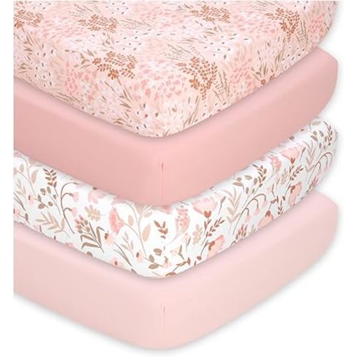 The Peanutshell 4-Pack Fitted Crib Sheet Set - Super Soft & Breathable Baby Girl Crib Sheets, Nursery Decor, Fit for Standard Mattress Cover- Whimsical Floral
