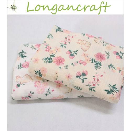 Floral Rabbit Print Cotton Double Gauze Fabric: Crinkle Crepe Muslin