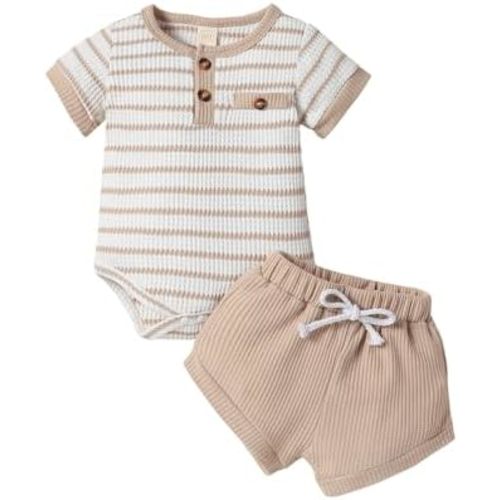 Newborn Baby Boy Summer Clothes Striped Waffle Short Sleeve Romper and Shorts Set Infant Knit Outfit