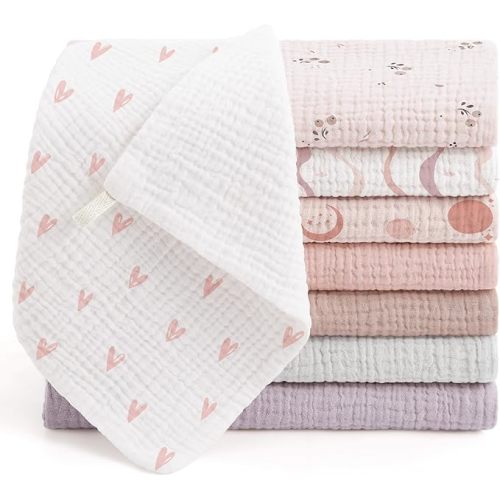 Bearmoss 8 Pack Muslin Squares Cloths 100% Cotton Baby Burp Cloth Washcloths 25x25CM Large Ultra-Absorbent Burp Cloth Soft Baby Face Towel Burping Clothes for Newborn Baby Boys and Girls (PinkPurple)
