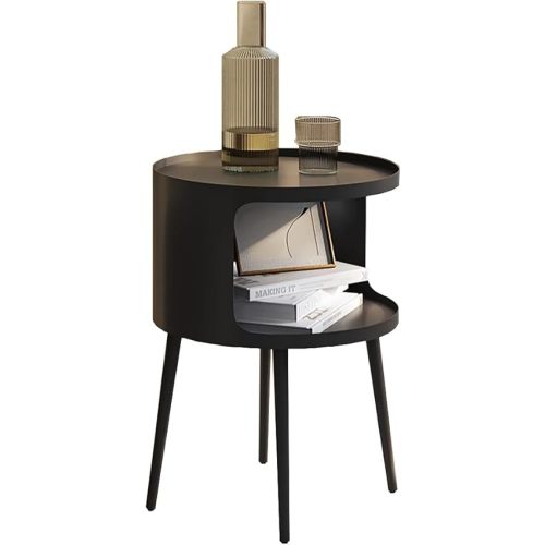 Modern Side Table,Round end Table with Open Storage,Metal nightstand,Bedside Table for Living Room,Bedroom (Black)