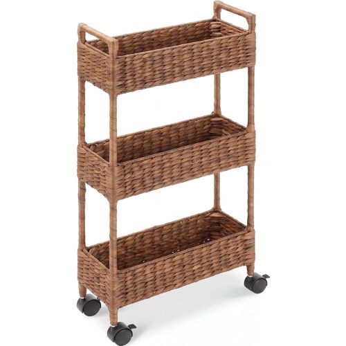 Best Choice Products 3-Tier Slim Water Hyacinth Rolling Nursery Caddy w/Wheels, Handwoven Utility Cart, Narrow Storage Organization for Bathroom, Craft Room, Laundry Room - Chestnut